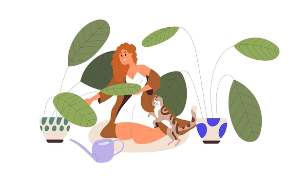 Mulher regando, cuidando de vasos de plantas no jardim de casa. Jovem feliz com gato e plantas de casa. Pessoa e folhagem de casa em plantadores. Ilustração vetorial plana isolada no fundo branco