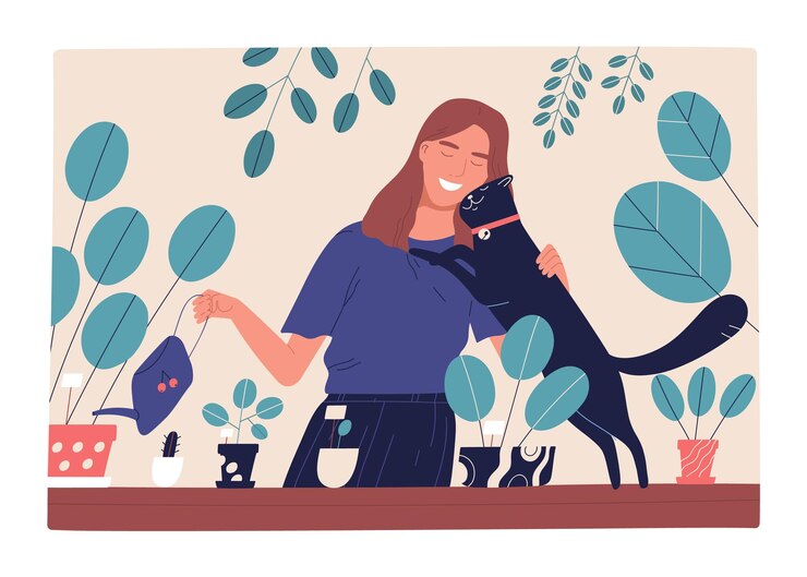 Mulher regando plantas de casa e abraçando gato preto fofo. Cena de amor e amizade entre humano e animal de estimação. Personagem feminina sorridente com animal doméstico. Ilustração em vetor plana dos desenhos animados.