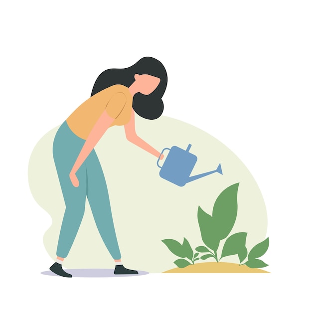 Mulher regando plantas em uma ilustração vetorial de jardim