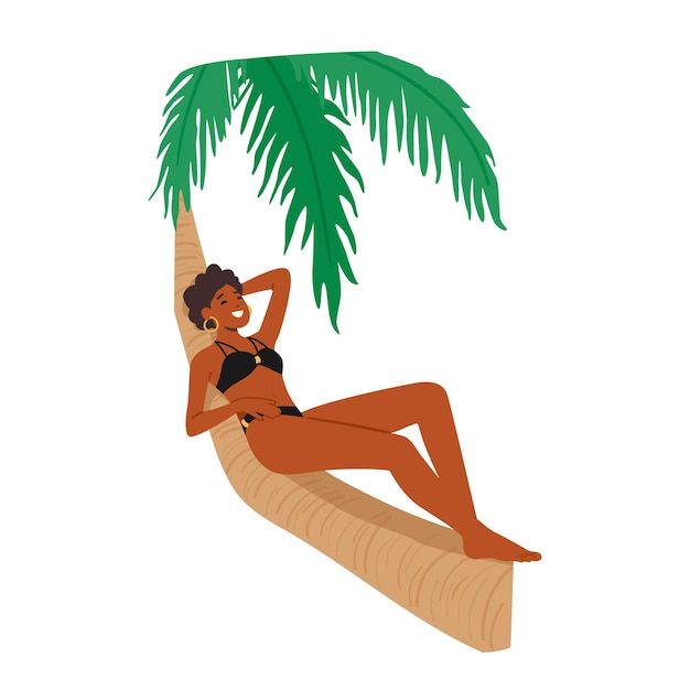 Mulher relaxa em uma palmeira apreciando a paisagem tropical Ela se aquece sob o calor do sol ouvindo o som do oceano
