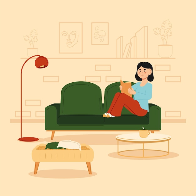 Mulher relaxada lendo um livro Hygge conceito Vector