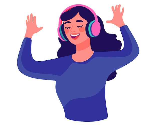 Vetor mulher relaxando e ouvindo música áudio podcast rádio ou livro de áudio com fones de ouvido isolados em