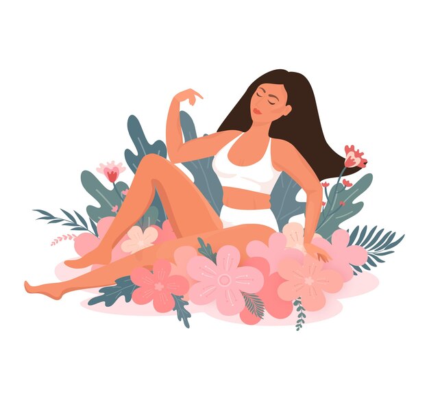 Mulher relaxante com elementos florais uma ilustração vetorial de serenidade e natureza