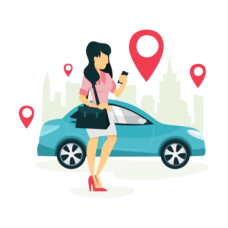 Vetor mulher reserva um táxi por um aplicativo no celular. serviço de transporte online. conceito de viagens. ilustração