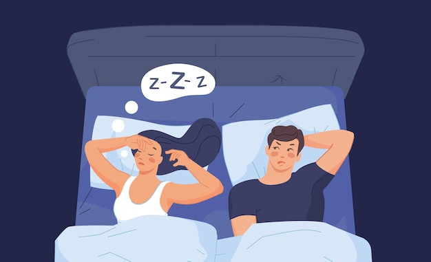 Mulher roncando esposa roncadora dormindo e marido irritado na cama de travesseiro mulher roncando som ruído sono sensual noites apnéia insônia conceito de relacionamento de casal vetor ilustração de mulher roncadora