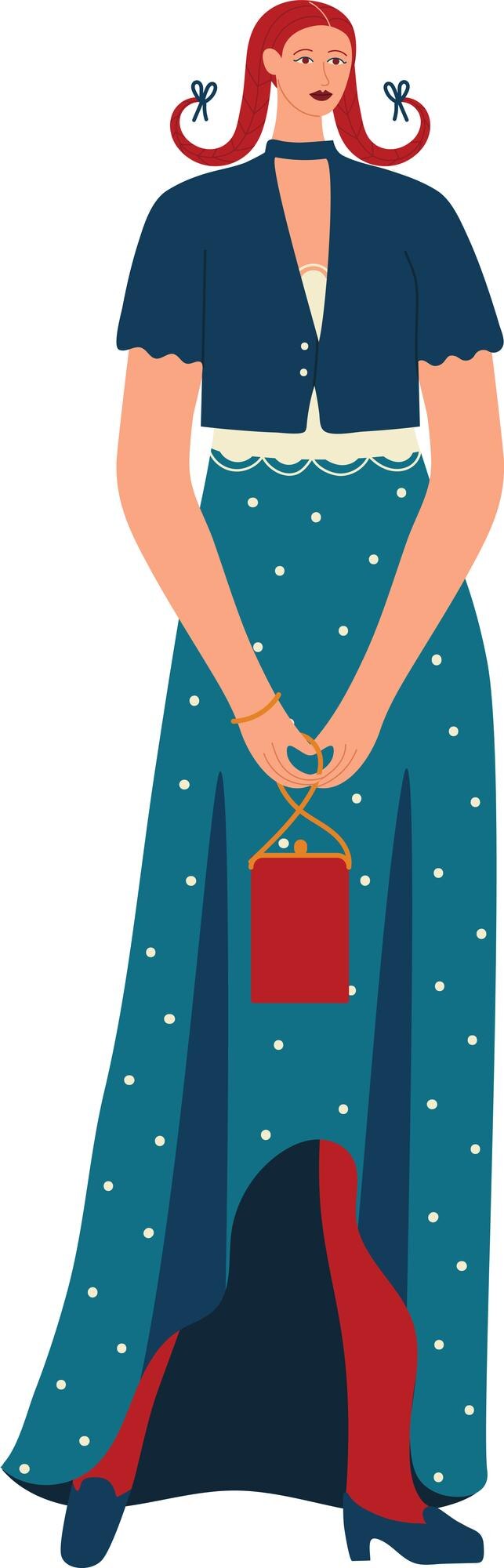 Vetor mulher ruiva de moda bolsa de compras vestido elegante elegante senhora polka dots vestido azul