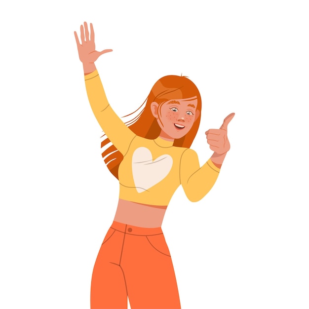 Mulher ruiva mostrando o polegar para cima e acenando com a mão como um gesto positivo de saudação Ilustração vetorial