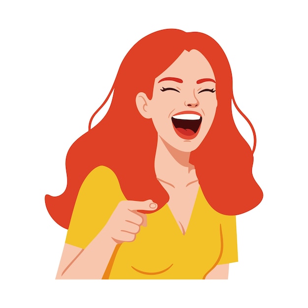Mulher ruiva rindo em camisa amarela apontando o dedo ilustração vetorial de expressão alegre