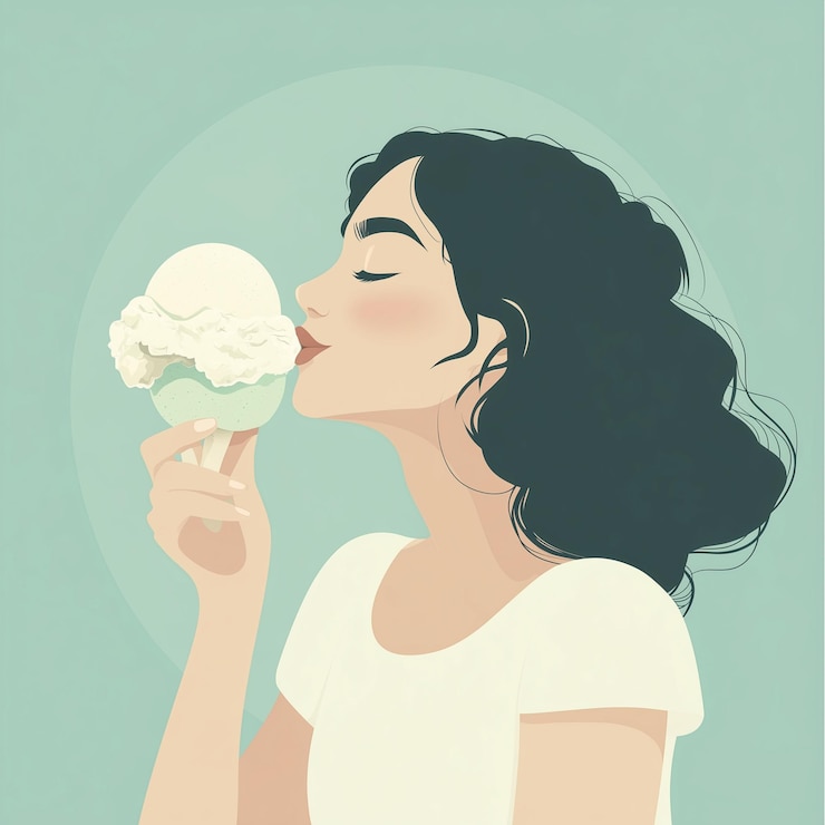 Vetor mulher saboreando sorvete fundo plano estilo de arte vetorial plano
