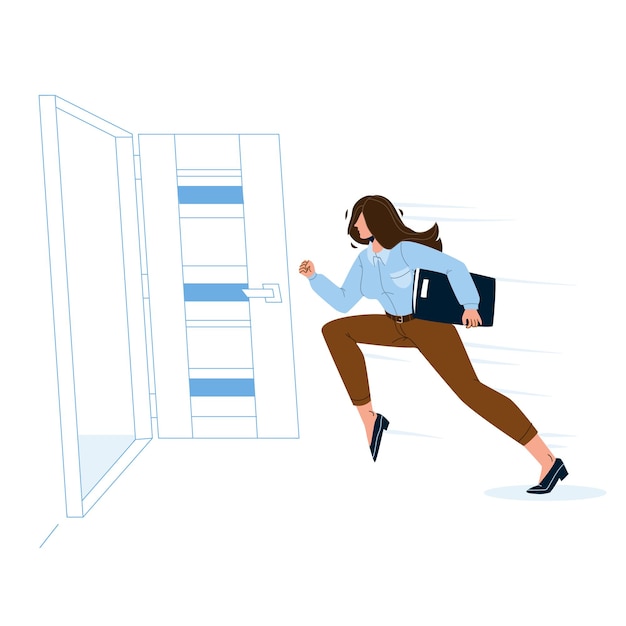 Mulher saindo da sala, correndo para abrir a porta do vetor. Jovem empresária segurando uma pasta com documentos, saindo de emergência do escritório. Ilustração de desenho plano de escape e evacuação de personagens