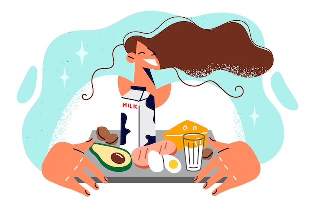 Mulher satisfeita com alimentos frescos naturais na bandeja, preparando-se para o café da manhã rico em calorias