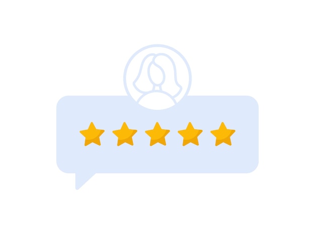 Mulher satisfeita com o cliente dá classificação 5 estrelas ilustração vetorial de feedback das pessoas, dando classificação de 5 estrelas garota plana online