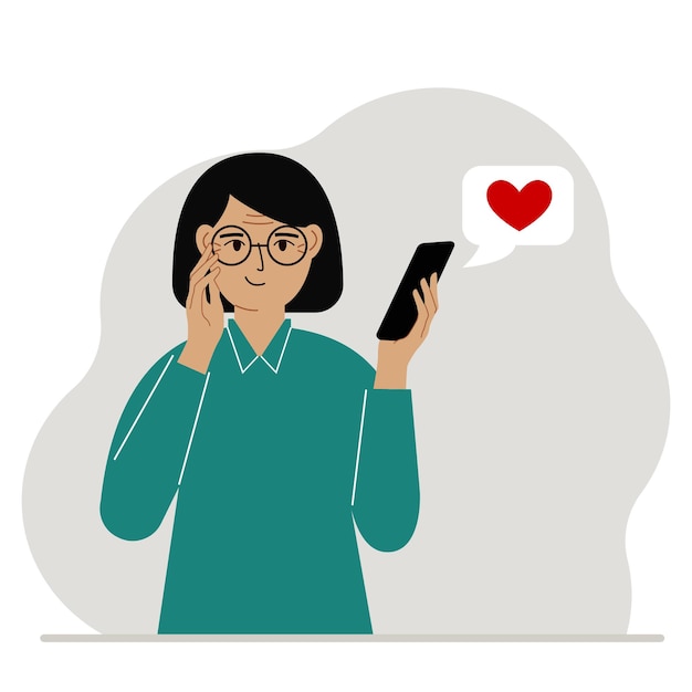 Mulher satisfeita lê uma mensagem em seu celular Mensagem com coração vermelho Ilustração plana vetorial