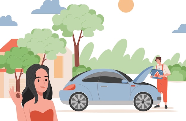 Mulher satisfeita mostrando ok, ilustração consertando problemas no motor do carro