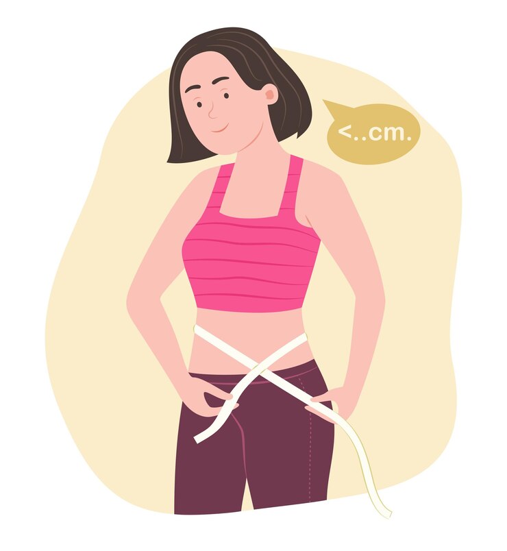 Mulher saudável medindo sua cintura com uma fita métrica para ilustração de conceito de saúde