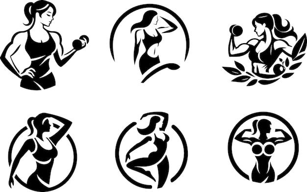 Vetor mulher saúde fitness logotipo conceito vetor cor preta fundo branco 7