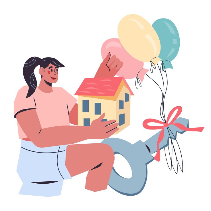 Vetor mulher se mudando para um novo conceito de compra de casa para imóveis ou hipotecas