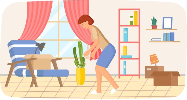 Mulher se mudando para uma nova casa carregando coisas para o apartamento mudando de local de residência realocação Pessoa desempacotando coisas após o envio decorando a nova casa Aluguel de instalações conceito de mudança