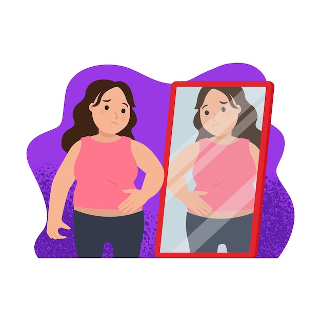 Mulher se sentindo triste ao olhar para o espelho Conceito de obesidade ou gordura Flat vector design