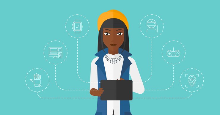 Vetor mulher segura computador tablet