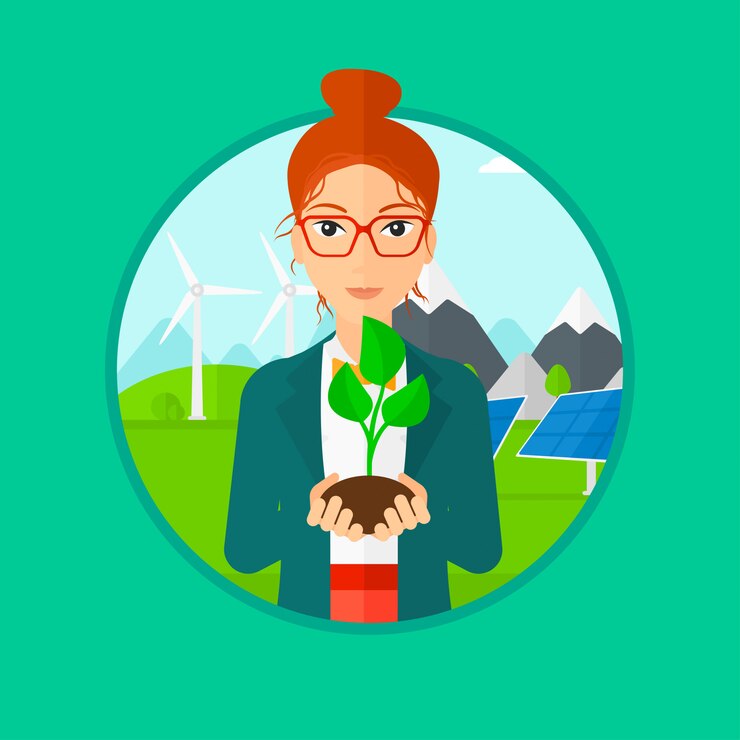 Vetor mulher segurando a planta pequena verde.