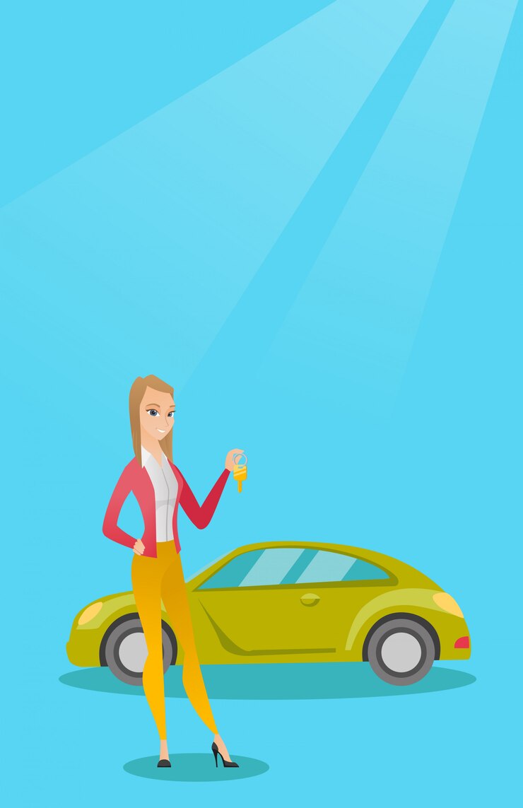 Vetor mulher segurando as chaves para o seu novo carro.