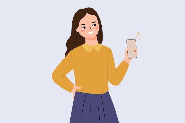 Mulher segurando e mostrando a ilustração dos desenhos animados do smartphone