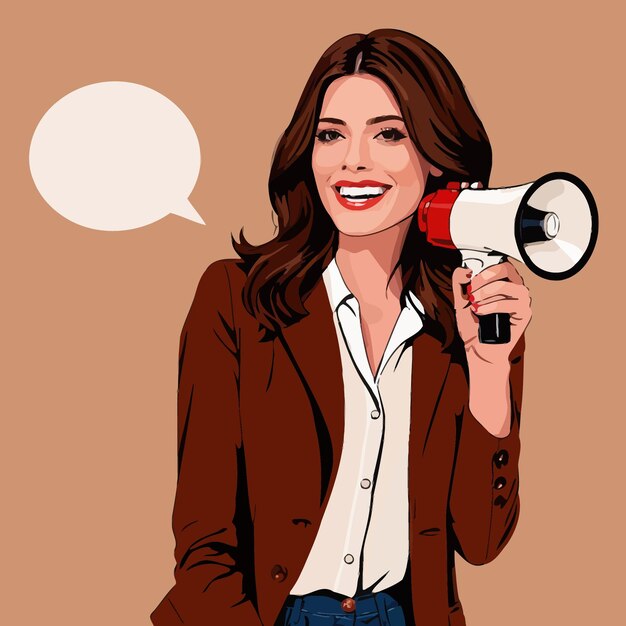 Mulher segurando megafone gritando mensagem de comunicação ilustração de clipart vetorial