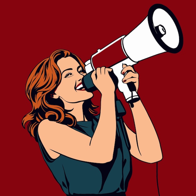 Vetor mulher segurando megafone gritando mensagem de comunicação ilustração de clipart vetorial