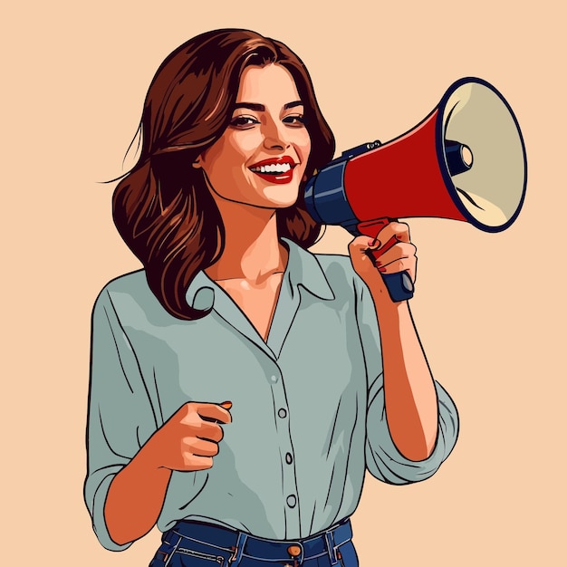 Vetor mulher segurando megafone gritando mensagem de comunicação ilustração de clipart vetorial