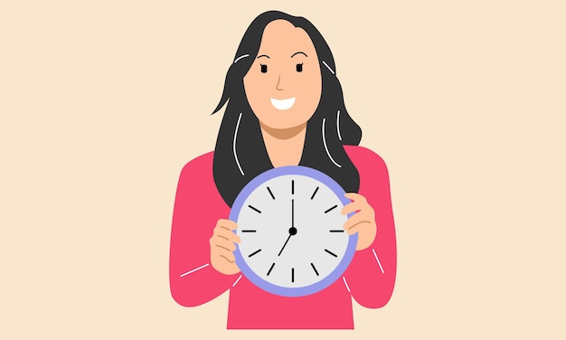Vetor mulher segurando o conceito de prazo de gerenciamento de tempo de relógio