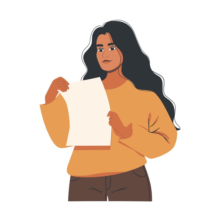 Vetor mulher segurando papel em branco cabelo preto longo expressão confiante topo amarelo feminino
