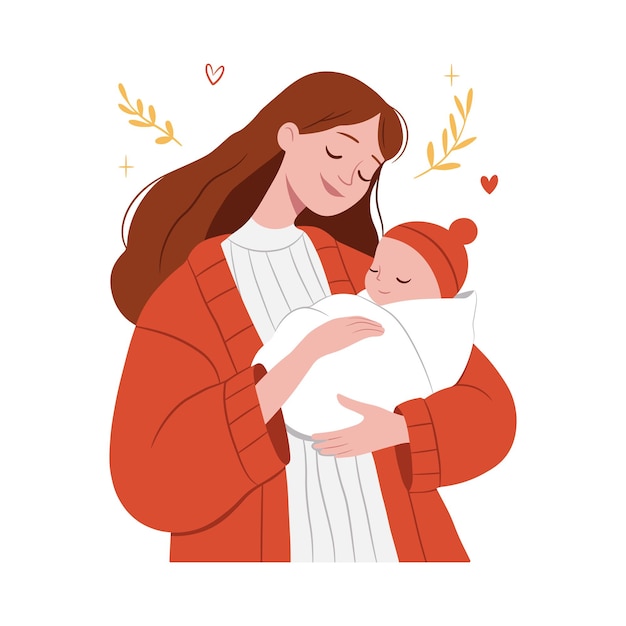 Mulher segurando seu bonito bebê nos braços Conceito de gravidez e amamentação Mãe e filho Arte vetorial