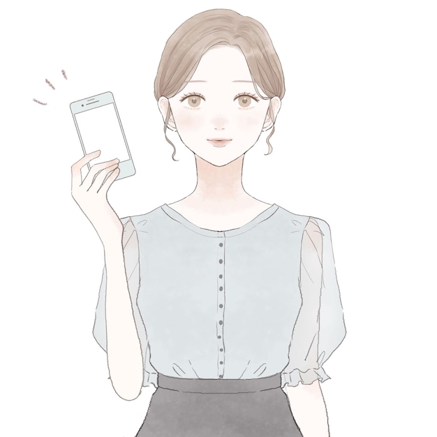 Mulher segurando smartphone. Em fundo branco.