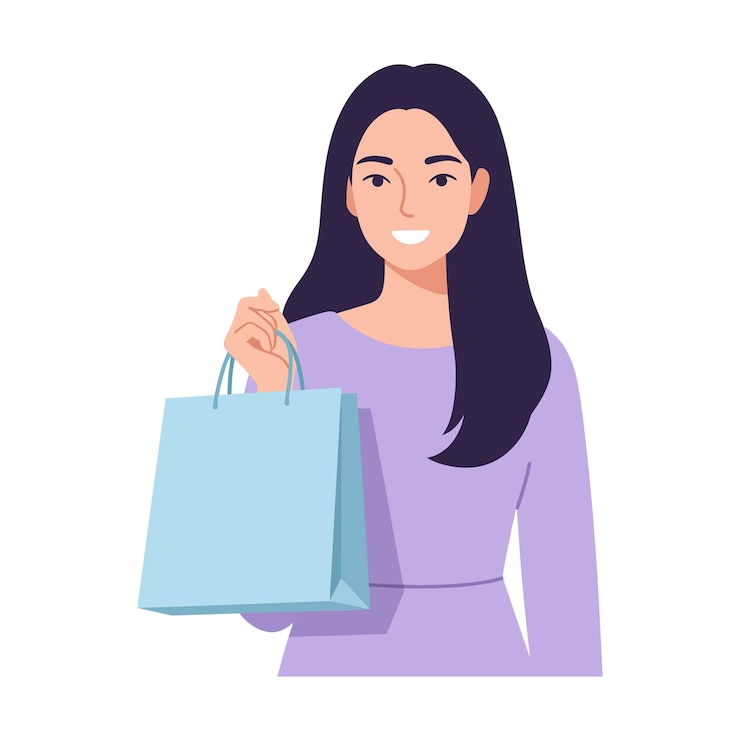 Vetor mulher segurando um saco de compras em uma arte vetorial de design plano minimalista