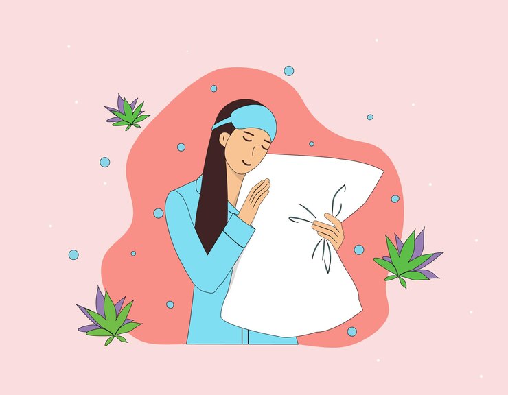 Vetor mulher segurando um travesseiro e dormindo, cbd, folhas de cannabis no fundo