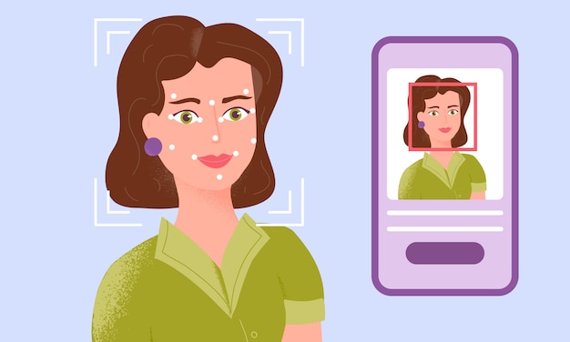 Mulher sendo verificada por meio de tecnologia de identificação facial de smartphone. sistema de reconhecimento facial.