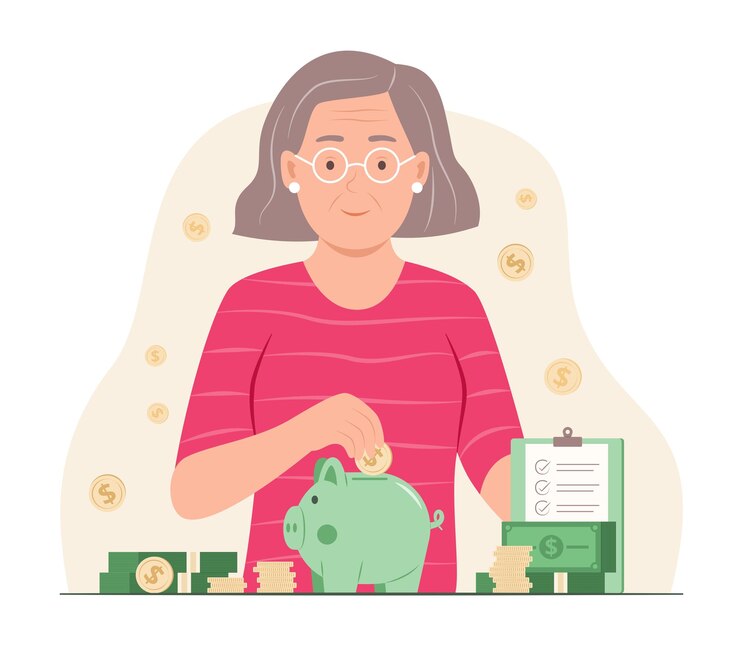 Mulher sênior poupa dinheiro com a caixa do porco para ilustração do conceito financeiro