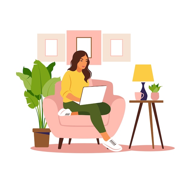 Mulher sentada com o laptop. Ilustração do conceito para trabalhar, estudar, educação, trabalhar em casa, estilo de vida saudável.