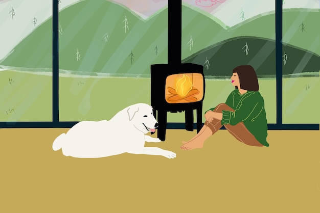 Mulher sentada com seu cachorro branco junto à lareira em casa na natureza