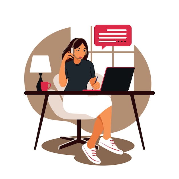 Mulher sentada mesa com laptop e telefone. trabalhando em um computador. freelance, educação online ou conceito de mídia social. estudando o conceito. estilo simples.