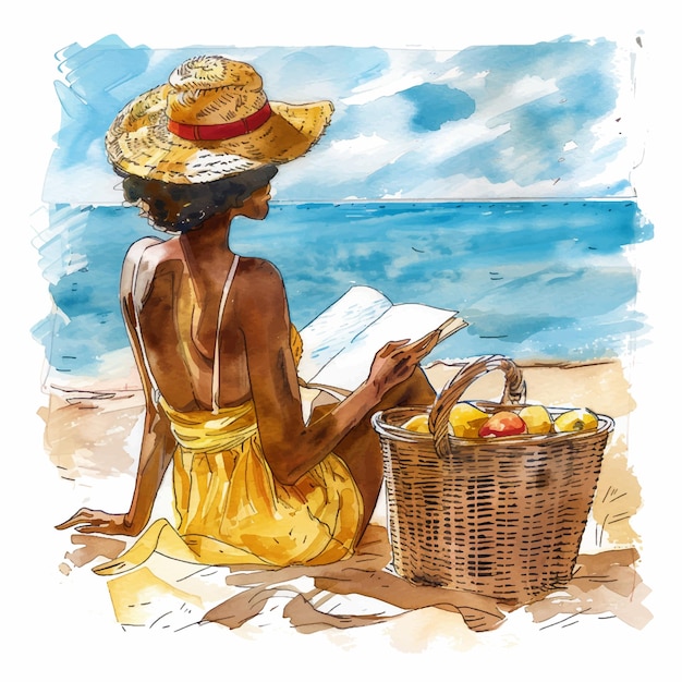 mulher sentada na praia com um livro e uma cesta de tinta aquarela