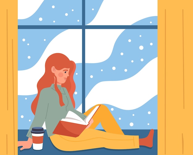 Mulher sentada no parapeito da janela. garota lê livro sentado na janela na queda de neve do inverno. personagem com caneca quente de café ou chá. descanso confortável e passatempos úteis. ilustração em vetor plana de desenho animado