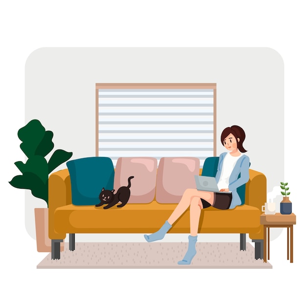 Mulher sentada no sofá com a testa e internet relaxando em casa ilustração