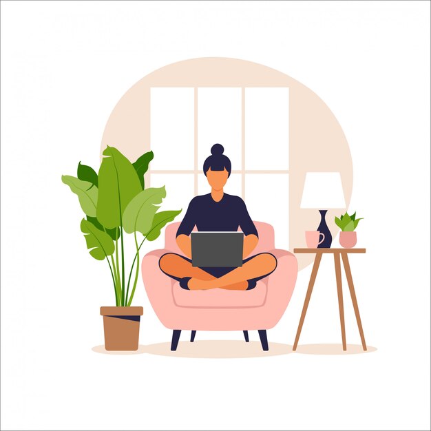Mulher sentada no sofá com o laptop. Trabalhando em um computador. Freelance, educação on-line ou conceito de mídia social. Trabalhando em casa, trabalho remoto. Estilo simples. ilustração.