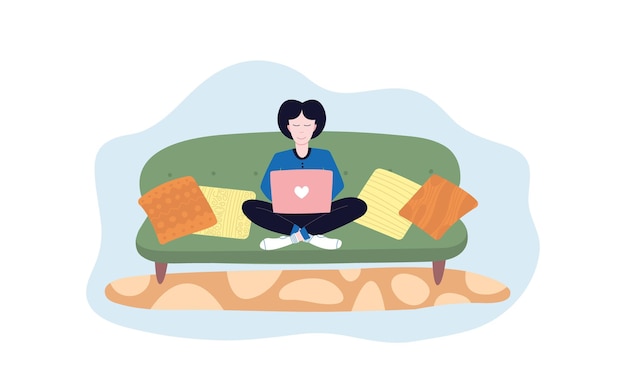Mulher sentada no sofá e trabalhando no laptop Ilustração de estilo plano com mulher gravando no laptop em casa