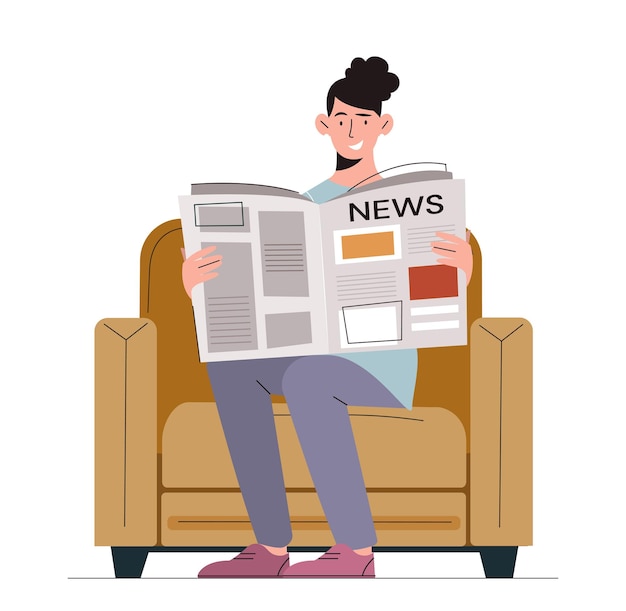 Vetor mulher sentada no sofá jovem com jornal sentar-se na poltrona personagem com notícias e mídia de massa