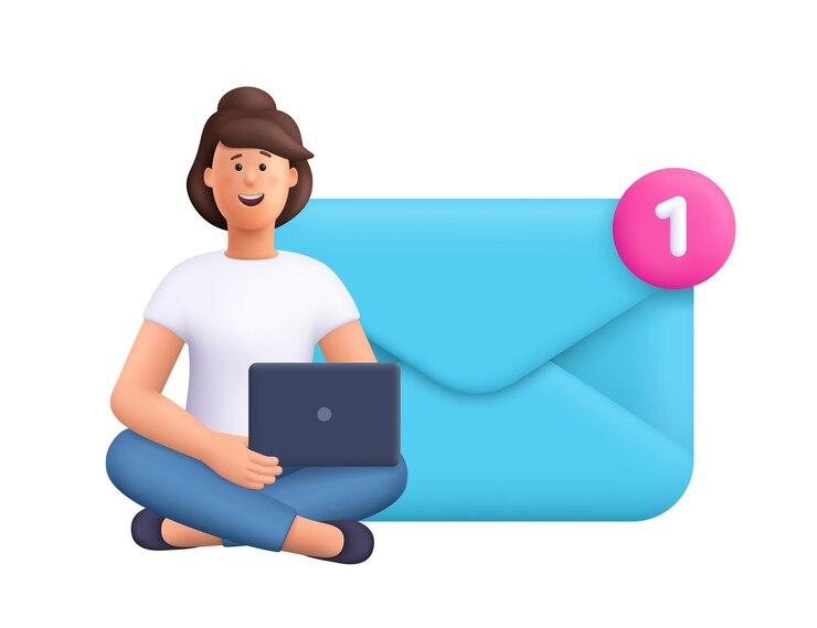 Vetor mulher sentada perto de um envelope grande com uma notificação segurando um laptop personagem vetorial 3d