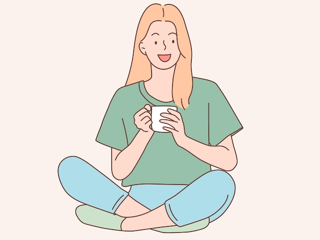 Vetor mulher sentada relaxando enquanto bebe café ilustração vetorial