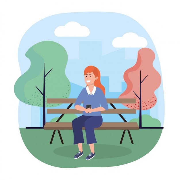 Mulher, sentando, em, a, cadeira, com, smartphone, tecnologia